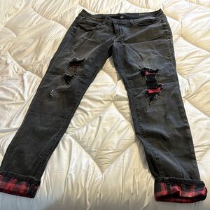 Judy Blue Black and Red Boyfriend Jeans with Distressed Plaid Accents